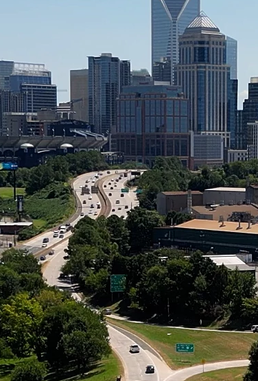 A skyline shot of uptown Charlotte taken on a sunny day (July 28, 2025).