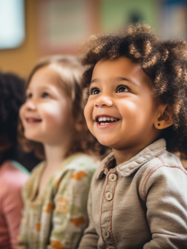 Mixed race group of toddlers, sitting in classroom and looking in awe at their teacher.