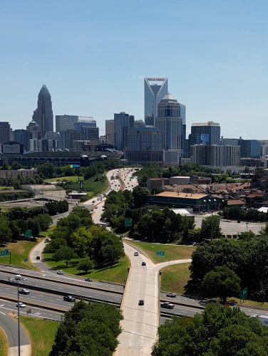 A skyline shot of uptown Charlotte taken on a sunny day (July 28, 2025).